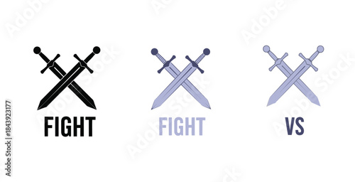 Three crossed sword logos with fight and versus text in different colors