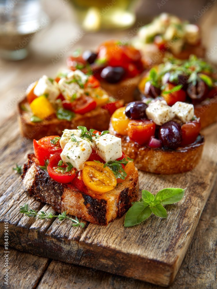 custom made wallpaper toronto digitalRustic wooden board with assorted fresh tomato and herb bruschetta topped with creamy cheese cubes and whole olives for a vibrant Mediterranean appetizer spread