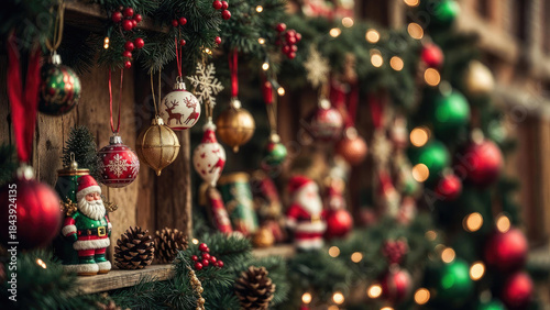 Festive Christmas shelf: hanging baubles (red/green/gold/reindeer), Santa figures, pine cones, berries, fir, lights on wood. Holiday vibe, bokeh, horizontal copy space for banners/cards.