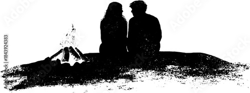 Silhouette of romantic couple sitting by campfire in black and white stencil art