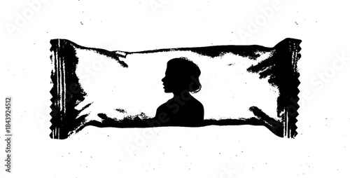 Black and white stencil art of a snack bar wrapper with silhouette design
