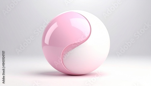 Glossy spherical object with yin-yang design in pink and white on smooth white background