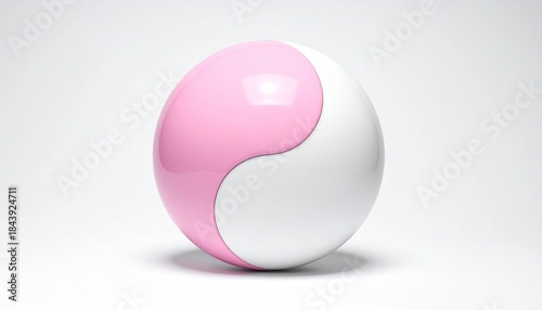 Glossy spherical object with yin-yang design in pink and white on smooth white background