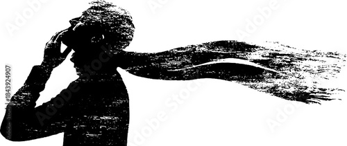 Black and white silhouette stencil illustration of a scarf-wearing figure