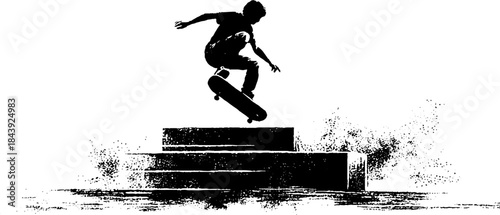 Urban skateboarding silhouette art: dynamic black and white stencil illustration