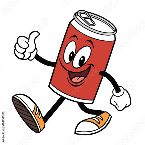 Vector illustration a cheerful cartoon soda can character giving a thumbs up and running with a happy expression