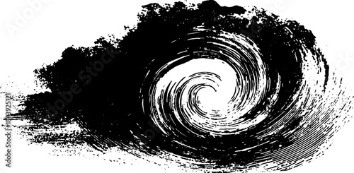 Monochrome swirling grunge spiral illustration with stencil and brushstroke details for urban art design
