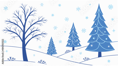 Vector illustration winter scene with blue trees and snowflakes on a illustration