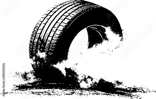 Dynamic black and white tire splatter stencil art for urban design concepts