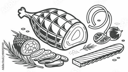 Vector illustration black and white illustration of a ham with herbs and spices on