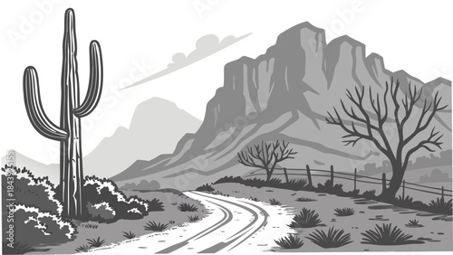 Vector illustration a desert landscape with a winding road and cactus near a mountain range