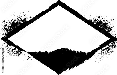 Black and white stencil art of splatter-filled geometric shape for urban design