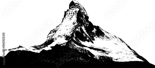 Black and white stencil illustration of mountain peak in abstract triangle design