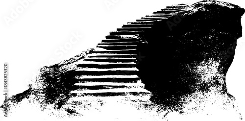 Monolithic stepped structure in black and white stencil art for modern decor