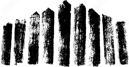 Grunge stencil illustration of stepped vertical structures in black and white