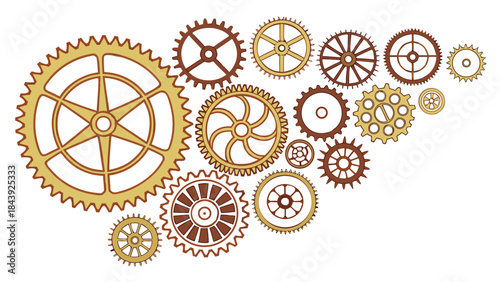 Vector illustration collection of various gear wheels and cogs in different sizes and colors on
