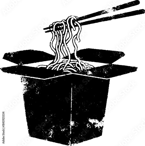 Black and white stencil illustration of street food noodles in a takeout box