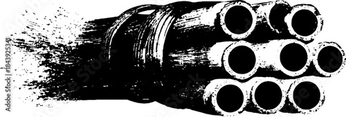 Black and white industrial stencil illustration of stripped pipes in grunge style