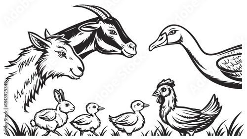 Vector illustration black and white illustration of farm animals and their young together in a field of grass