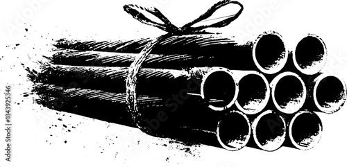 Black and white stencil illustration of stripped industrial pipes with splatter effect