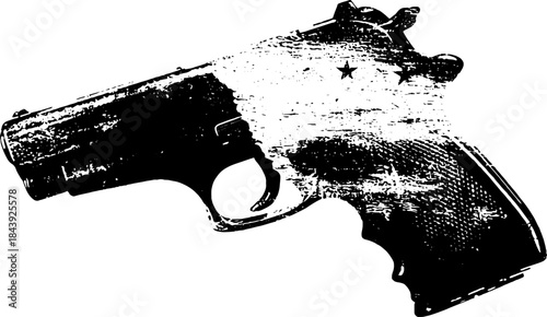 Grunge silhouette of a torn badge with stars in black and white stencil design