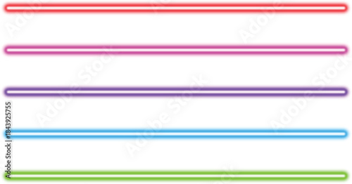 Five vibrant neon light tubes in red purple blue and green isolated on transparent background