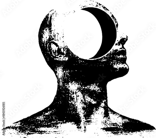 Abstract black and white human silhouette stencil art with moon element for creative design