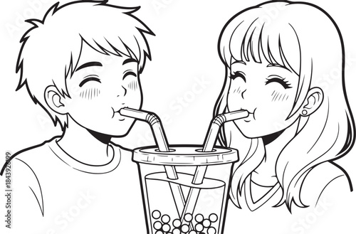 Valentine's Day Anime Couple Line Art Vector. 14 February Romantic Manga Sketch for T-shirt Print.