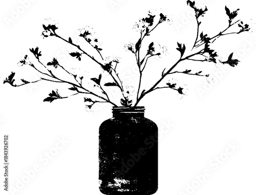 Minimalist black and white stencil of blooming spring branches in vase for home decor and art projects