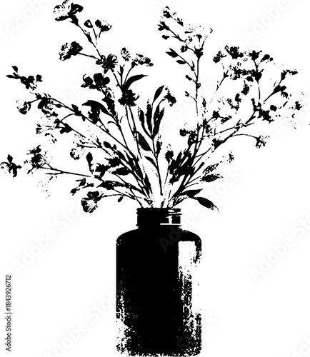 Black and white stencil of blooming spring branches in a vase for wall art or decor