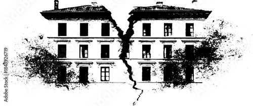 Black and white stencil art of a cracked building façade with grunge texture