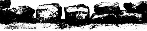 Black and white stencil illustration of angular brutalist boulder formation design