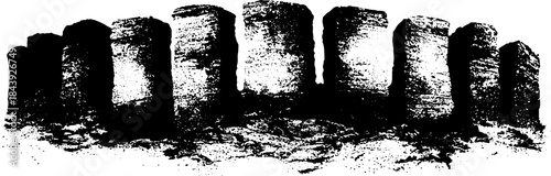 Black and white stencil illustration of brutalist architecture with angular silhouettes