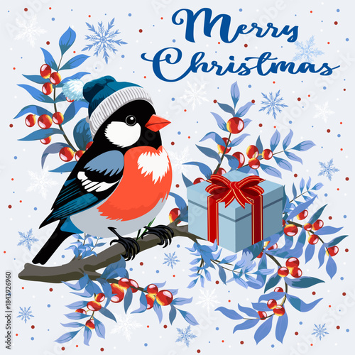 Red-breasted bird with gift box in Christmas illustration.Christmas illustration with a bird and a gift box on a branch on a colored background with snow and snowflakes.
