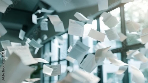 Office paper documents flying through air