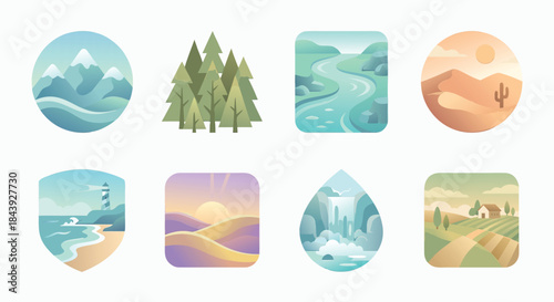 Nature Landscapes Icon Set with Soft Gradients