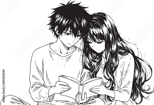 Valentine's Day Anime Couple Line Art Vector. 14 February Romantic Manga Sketch for T-shirt Print.