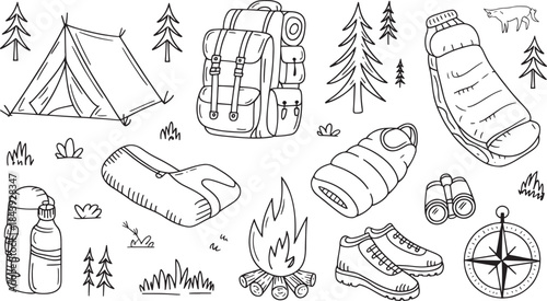 "Hand-Drawn Camping and Outdoor Gear Vector Icons Set - Tent, Backpack, Sleeping Bag, Compass, and More"