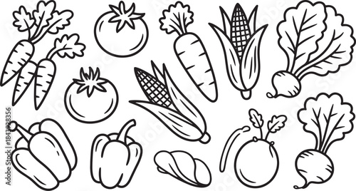 "Hand-Drawn Vegetables Vector Icons Set - Carrots, Tomatoes, Corn, Bell Peppers, and More"