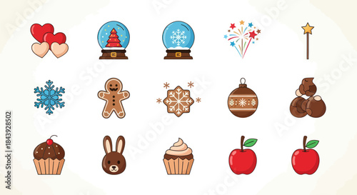 Festive holiday icons snow globes treats and ornaments on light backdrop