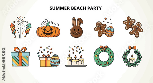 Festive holiday icons snow globes pumpkin gingerbread shamrock vector set