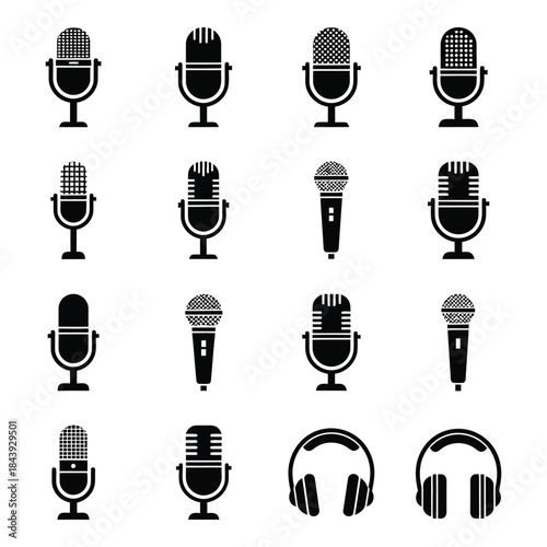 Collection of vintage and modern microphones and headphones, representing audio recording and broadcasting.