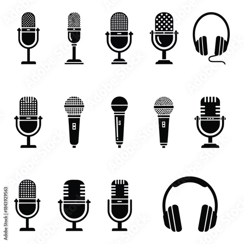 Collection of vintage and modern microphones and headphones, icons for audio and broadcasting