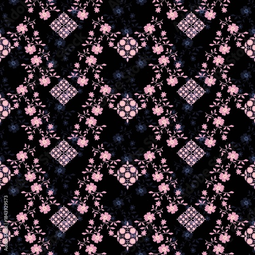 Seamless Diamond Floral Pattern with Lace Motifs on Black Background