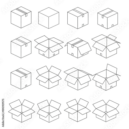Collection of simple outline illustrations depicting various open and closed cardboard boxes from different angles
