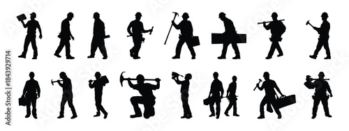 Construction Worker Silhouettes Set - Builders and Tools