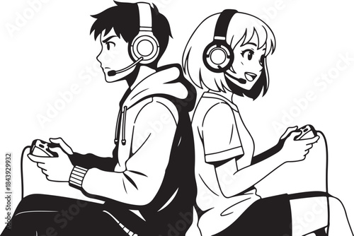 Valentine's Day Anime Couple Line Art Vector. 14 February Romantic Manga Sketch for T-shirt Print.