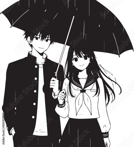 Valentine's Day Anime Couple Line Art Vector. 14 February Romantic Manga Sketch for T-shirt Print.