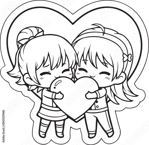 Valentine's Day Anime Couple Line Art Vector. 14 February Romantic Manga Sketch for T-shirt Print.