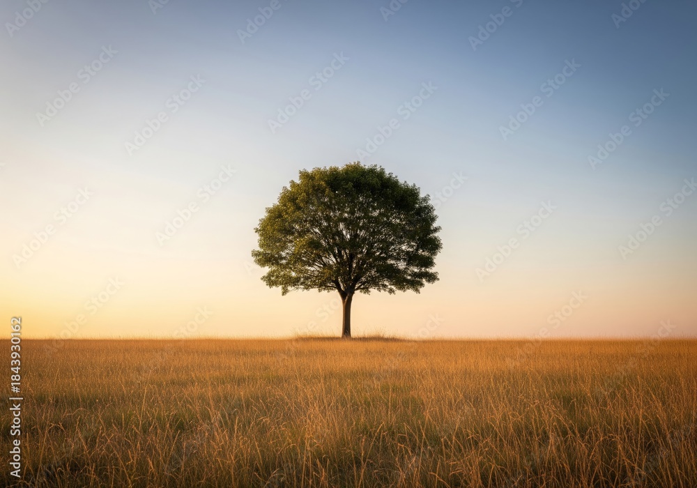 Obraz premium Lone tree in wide golden field under clear gradient sky